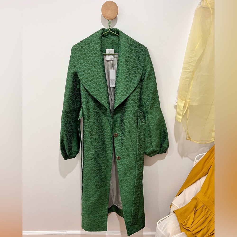 Green jacquard long belted coat by Rosie Assouline